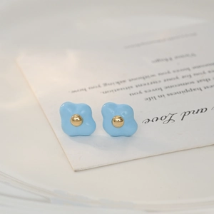 Sweet light blue flower stud earrings with gold center and S925 silver needle post