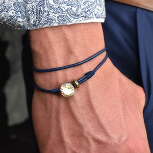Men's double-wrap dark blue leather bracelet with You Are My World gold pendant