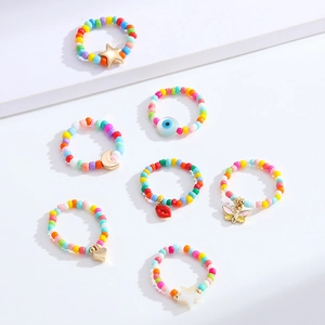 Fashion Handmade Beaded Rings For Women Colorful Seed Beads Smiley Face Star Charms Elastic Stackable Bohemian Jewelry