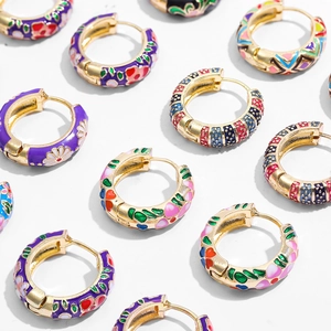 Colorful enamel hoop earrings with vintage floral patterns in vibrant alloy gold plating