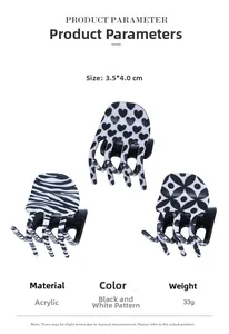 Lot de trois mini pinces à cheveux en acrylique noir et blanc avec motifs géométriques