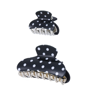 Set of two black and white polka dot acrylic hair claw clips with silver metal teeth