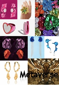 Detailed collage of cyberpunk hyper pink liquid metal hoop earrings and floral rings