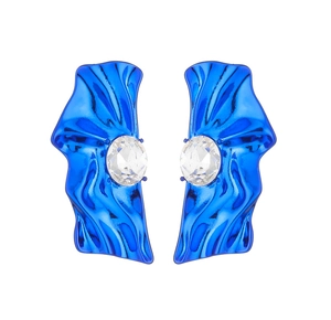 Macro detail of cyberpunk metallic blue pleated earrings with large oval crystal stones