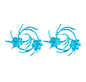 Macro shot of futuristic electric blue metallic floral branch earrings in a cyber aesthetic