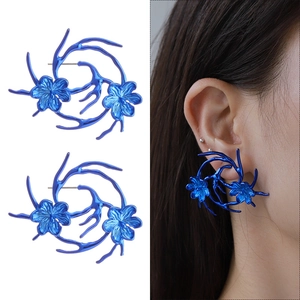 Futuristic Cyberpunk Style Colorful Metal Floral Stud Earrings Women Artistic Branch Flower Large Statement Earrings Jewelry