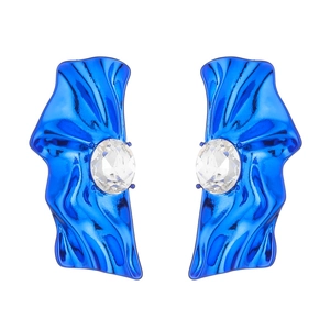 Cyberpunk metallic blue wrinkled statement earrings with large clear crystal gemstone
