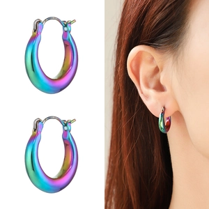 Iridescent U-shaped rainbow hoop earrings shown on model and white background