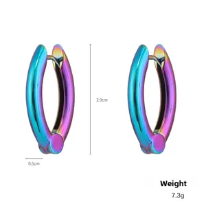 Macro shot of colorful holographic metal hoop earrings with detailed size dimensions