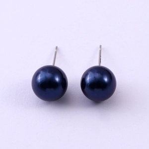 Classic 8mm navy blue pearl stud earrings with polished finish and silver metal pins