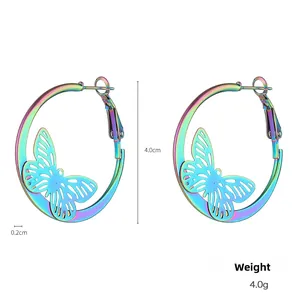 Y2K holographic metal hoop earrings with hollow butterfly design and 4cm diameter