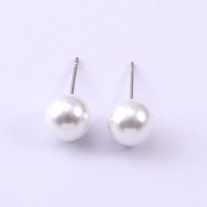 Classic 8mm round white glass pearl stud earrings with minimalist silver metal posts
