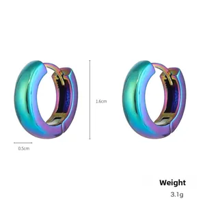 Detail view of iridescent Y2K hoop earrings with dimensions 1.6cm by 0.5cm and weight 3.1g