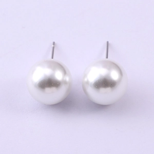 Close-up of 8mm round white glass pearl stud earrings with silver metal posts