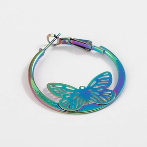 Y2K style rainbow holographic metal hoop earrings with hollow butterfly pendant detail