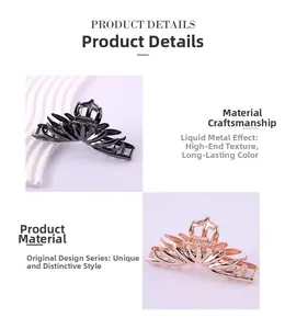 Detail view of liquid metal texture hair claw clips in black and rose gold finish
