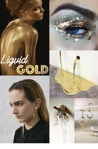 Vue détaillée de boucles d'oreilles et bagues dorées style métal liquide sur moodboard