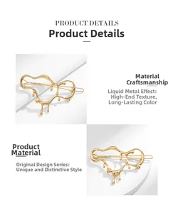 Détail de la pince à cheveux dorée en métal liquide au design géométrique fluide