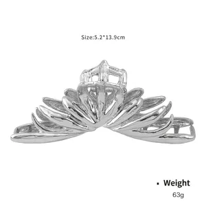 Silver lava metal flower hair claw clip, large size 13.9cm for thick hair, shiny finish