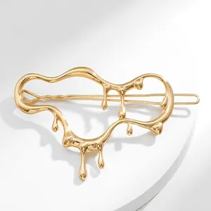 Barrette Cheveux Métal Liquide Doré Minimaliste pour Femme Design Goutte Avant-Garde Alliage Géométrique Bijoux Accessoires