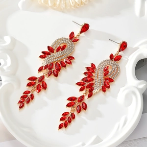 Elegant long red rhinestone tassel earrings with gold base for formal dinner wear