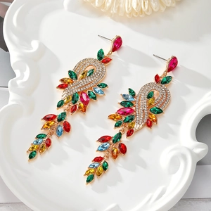 Elegant bohemian long fringe drop earrings with multi-colored crystals and gold finish