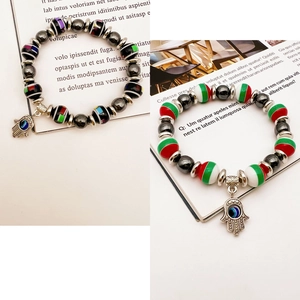 Colorful Christmas Evil Eye Hamsa Hand beaded stretch bracelet with striped hematite beads
