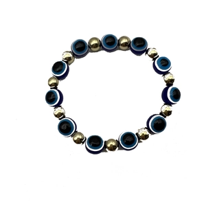 Bracciale elastico dorato con perline blu dell'occhio del male e distanziatori in metallo