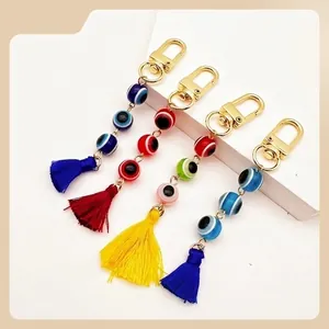 Turkish Evil Eye Keychain With Colorful Glass Beads And Silk Tassels Gold Plated Alloy Charm Pendant For Car Bag Women Gift