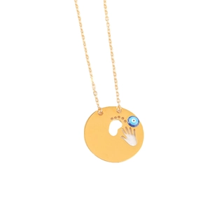 Collar de acero inoxidable dorado con ojo turco y colgante de huellas de bebé