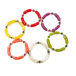 Handmade Evil Eye beaded bracelets with acrylic tube beads in six vibrant colors set