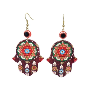 Details zu böhmischen Hamsa-Holzohrringen mit bunten Blumendrucken und Evil Eye Perlen