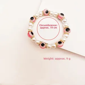 Pulsera de cuentas ojo turco rosa con perlas blancas, joyería bohemia de 19 cm de largo