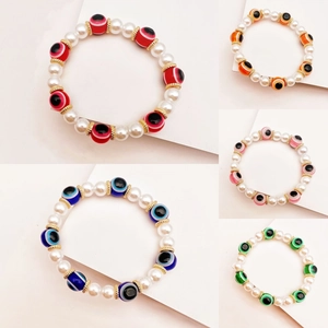 Pulsera Turca de Ojo Turco Perlas Artificiales Bohemio Cuentas Resina Cadena Elástica Joyería Vintage para Mujeres Diario Viajes