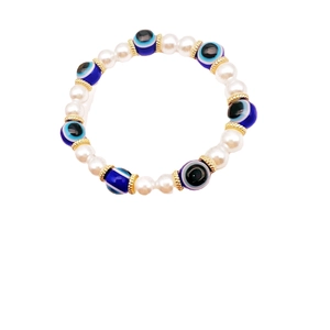 Pulsera bohemia de perlas con ojo turco azul y espaciadores dorados para mujer