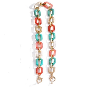 Colorful acrylic eyewear chain with UV-plated gold links and non-slip silicone loops