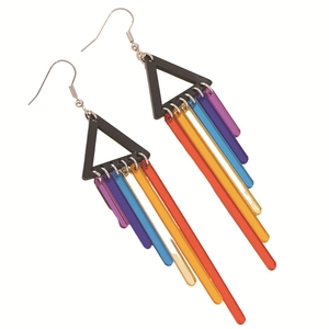 Rainbow acrylic tassel earrings with geometric triangle frames and colorful strips