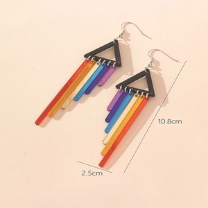 Rainbow acrylic tassel earrings featuring vibrant multicolor strips and black triangle base