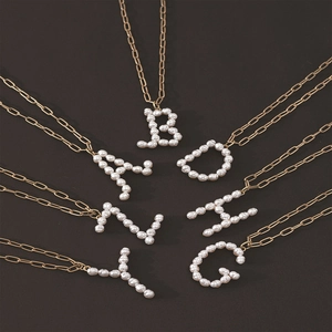 Hip hop pearl letter pendants A B O N H G on gold paperclip chain necklace for women