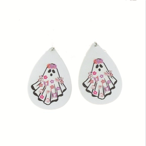 Pendientes de cuero en forma de gota con fantasma de Halloween y flores rosa