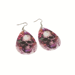 Double-sided PU leather teardrop earrings with skull and flower print for Halloween