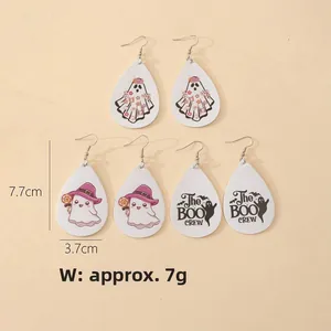 Pendientes Colgantes de Gota de Cuero de PU de Halloween para Mujer Lindo Dibujo Animado Fantasma Calabaza Estampado de Leopardo Calavera Sombrero de Bruja Joyería de Fiesta