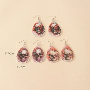 Halloween Teardrop Earrings PU Leather Double Sided Printed Skull Pumpkin Bat Flower Gothic Retro Drop Earrings For Women Jewelry