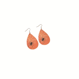 Halloween teardrop faux leather earrings with spider and web print on white background