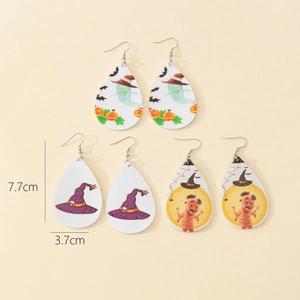 Three pairs of Halloween teardrop earrings showing dimensions of 7.7cm by 3.7cm in detail