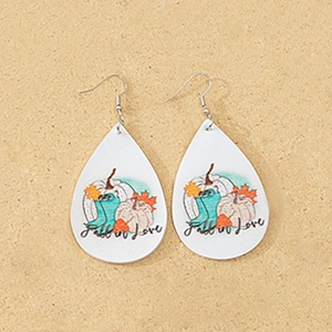 Pendientes de cuero en forma de gota con diseño otoñal de calabaza y hojas de membrillo