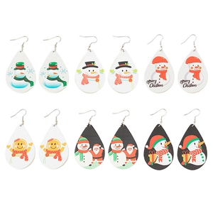 Set di 6 paia di orecchini a goccia in legno con motivi di pupazzo di neve e Babbo Natale