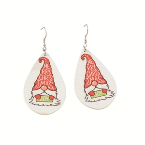 Teardrop Christmas wooden earrings featuring gnome design and Merry Christmas lettering