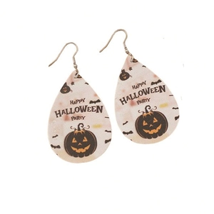 Faux leather teardrop earrings featuring Halloween pumpkin and bat patterns