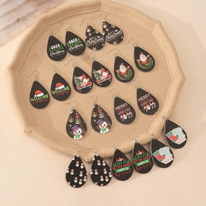 Festive Wooden Teardrop Dangle Earrings Santa Claus Snowman Print Christmas Holiday Party Jewelry For Women Daily Decoration